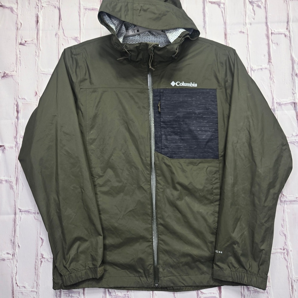 Columbia Omni-Tech Rain Jacket Green Waterproof Outdoors Hooded Shell Mens M